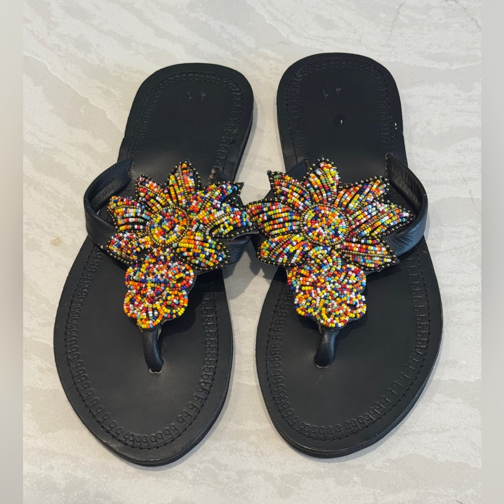 Black Beaded Floral Thong Sandals - Multicolor Seed Beads